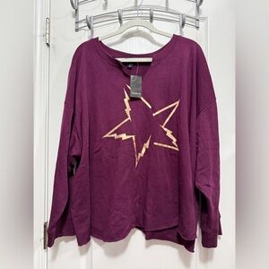 Torrid Burgundy Lightning Star Relaxed Fit Split‎ Cozy Sweatshirt women’s 4X NWT